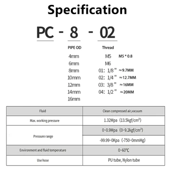 1PC Pneumático de ajuste de PC do Tipo 4 6 8 10 12 14 16 mm Rosca de 1/8