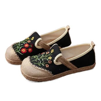 Flores Bordado Mulheres Artesanal Tela De Linho Slip-On Sapatos Confortáveis De Baixo Top Tênis Vegan Senhoras Boêmio Sapatos