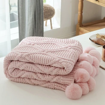 Macio Cobertor Chique Malha Cobertor com Bolas de Chenille de Crochê Colcha cor-de-Rosa Lançar Mantas para Sofá-Cama de Pompom Manta de Decoração de Casa