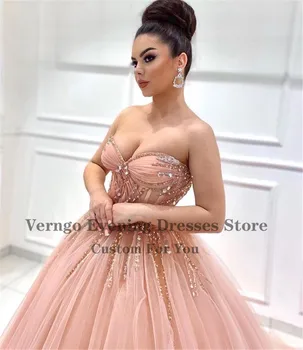 Verngo 2021 Novo Empoeirados Cor-De-Rosa De Tule Vestido De Baile Vestidos De Baile Querida Grânulos De Diamante Árabe De Dubai Luxo Princesa Vestidos De Noite