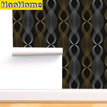 HaoHome Preto Auto-Adesivo papel de Parede Figura Geométrica Descascar e ficar de papel de Parede Moderno Listra Prata & Ouro Mobiliário de Renovação