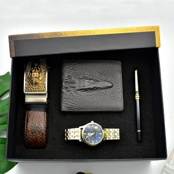 Luxo Homens Presentes Definir a Moda dos Homens Relógio de Aço Inoxidável de Qualidade Superior Correia de Dobrar a carteira de Homens Rosário Bracelete Para o Pai, os Homens