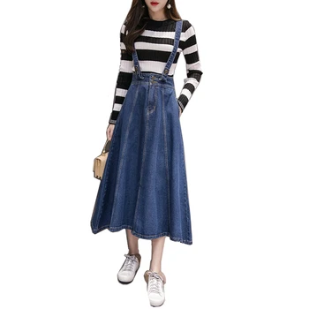Na primavera e no Outono jeans suspender saias estilo coreano com alça destacável saia jeans para mulheres jovens meados de-comprimento das saias BSQ072