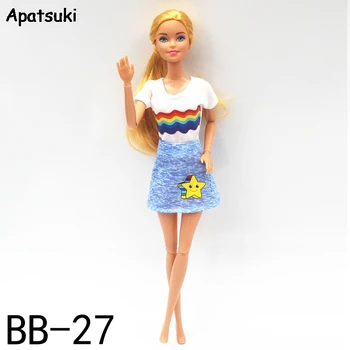 Arco-Íris Branco Boneca De Moda De Roupas Para A Boneca Barbie Com Roupas Top Shirt & Estrela Azul, Saia De 1/6 Bonecas Acessórios De Brinquedos Para Crianças