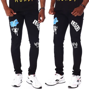 2021New Homens de Preto Streetwear Jogger Jeans Slim Padrão de Impressão Elasticidade Cintura Alta Pés Pequenos Calça Fina Lavada Calças Jeans