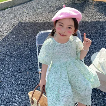 Verão Nova Chegada estilo coreano menina princesa vestido de manga curta com padrão de pontos doce vestido de algodão para bebê bonito meninas