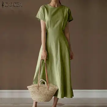 Mulheres Casual OL Vestidos Diários Sólido Roupa de cama de Algodão Kaftan ZANZEA a Moda de Uma Linha de Vestidos De 2021 Verão Elegante Vestido Maxi