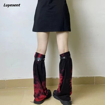 Punk Girl Goth Perna mais Quente Preto Vermelho Tie Dye Senhora Ninja Harajuku Gótico Tampas para os Pés PU Correia de Longa Meia-coreano Moda Streetwear