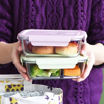 JSWORK Vidro Bento Almoço Caixa de Armazenamento de Alimentos Piquenique Forno de Microondas Marmita Cozinha Recipientes Tupper Cristal Refeição Prep