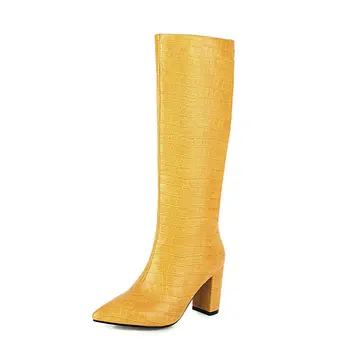 2020 Novas Mulheres Joelho Alto Botas da Moda Pontiagudo Dedo do pé Quadrado Calcanhar Botas de Senhoras Deslizamento sobre as Mulheres Sapatos de Inverno Preto Amarelo Marrom