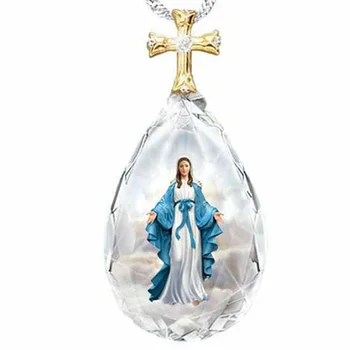 Gota de água em Forma de Cristal de Vidro da Cruz, Virgem Maria Colar Pingente de Mulheres Religiosas Amuleto Acessório Jóia do Partido Menina de Presente