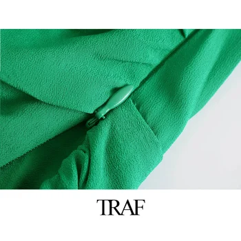 TRAF 2021 Moda feminina virada para Baixo de Gola Atado a Cor Verde Curta Avental Blusa Feminina Manga Longa Slim Camisa Chique Crop Tops