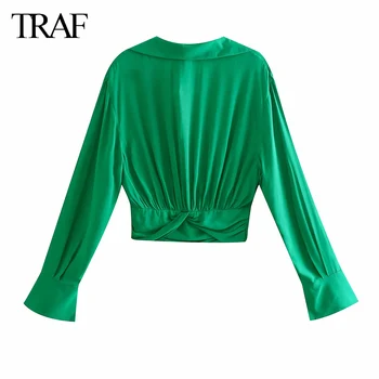 TRAF 2021 Moda feminina virada para Baixo de Gola Atado a Cor Verde Curta Avental Blusa Feminina Manga Longa Slim Camisa Chique Crop Tops
