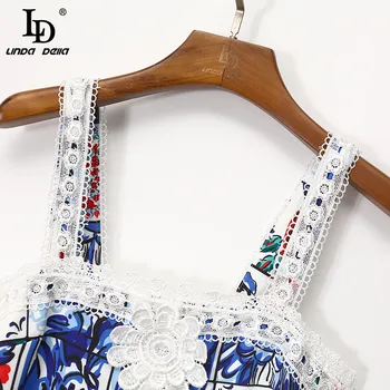 LD LINDA DELLA 2021 Moda de Passarela Vestido de Verão das Mulheres de Espaguete fita para o Laço de Emenda Applique de Impressão Slim Sereia Vestido Midi