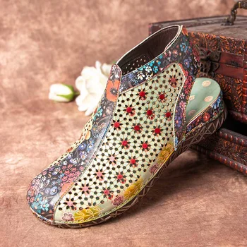 SOCOFY Fechado do Dedo do pé Impresso Emenda Floral Ocos de Trás do Tornozelo Gancho para Alça de Laço sem encosto de Costura Mules, Sandálias Sapatos Mulheres