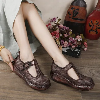 VALLU Primavera / verão de 2020 mulheres de tecido de couro cunha calcanhar de couro e fivela de sapatos confortáveis