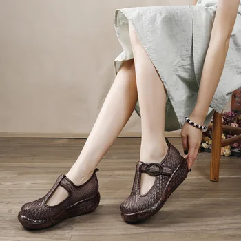VALLU Primavera / verão de 2020 mulheres de tecido de couro cunha calcanhar de couro e fivela de sapatos confortáveis