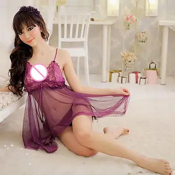 80% da Venda Quente Mulheres Sexy Sheer Vestido de Renda + G-String Babydoll Pijamas roupa interior Erótica