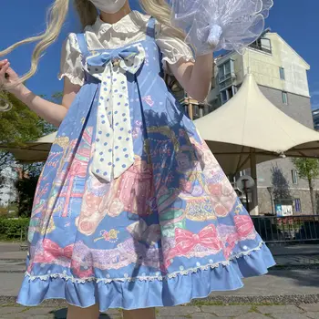 Kawaii Lolita de Verão, o Vestido das Mulheres 2021 Festa VintageJsk Vestido de Mulher Harajuku Doce sem Mangas Bowknot Suspender Vestidos
