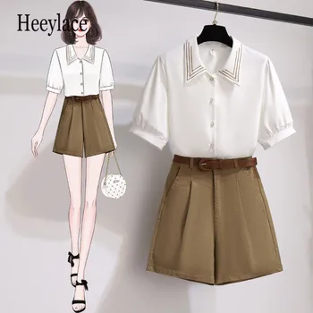 O verão coreano casual de duas peças para as mulheres, de manga curta, top branco e shorts de cintura alta conjuntos office senhoras elegantes roupas