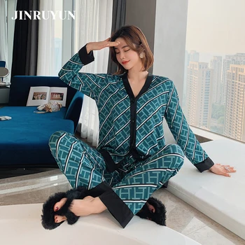 2021 Pijama mulher de gelo seda a primavera e o verão de manga longa com decote em V moda retrô casa high-end do serviço de ternos conjuntos de pijamas