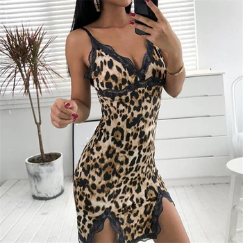 Sexy Hot Mulheres Leopard Impresso Lace Vestido De Noite Lingerie V Neck Vestido De Noite De Verão Pijamas De Alcinhas Nighty Sono Desgaste