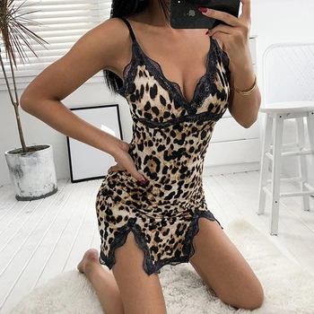 Sexy Hot Mulheres Leopard Impresso Lace Vestido De Noite Lingerie V Neck Vestido De Noite De Verão Pijamas De Alcinhas Nighty Sono Desgaste