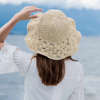 Mulheres de Verão Chapéu feitos à Mão, Chapéus de Palha e de Papel de Palha de Crochê Oco Sombras de Dobramento de Chapéu de Sol ao ar livre