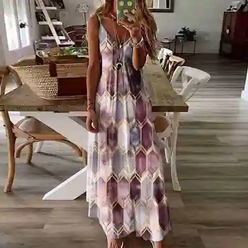 Moda Verão a Impressão de Longa Vestido das Mulheres com decote em V sem Mangas Vestido de Alça Túnica Elegante Camisole Vestidos de Festa Vestido de Praia