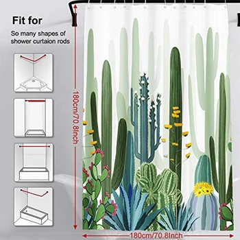Plantas tropicais Cortina de Chuveiro para Decoração de Banheiro Verde Cacto Impresso Impermeável Tecido de Poliéster cortina de banho 180X180cm