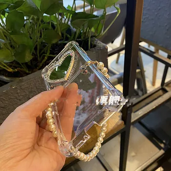 Criatividade DIY Amor Espelho Bling Glitter Caso da menina Para Samsung Galaxy Z Flip Pulseira de Pérolas à prova de Choque Transparente