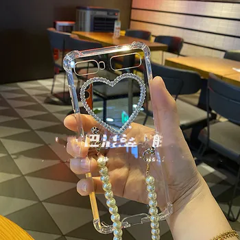 Criatividade DIY Amor Espelho Bling Glitter Caso da menina Para Samsung Galaxy Z Flip Pulseira de Pérolas à prova de Choque Transparente