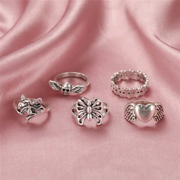 5PCS/Set Gótico Borboleta Anjo de Amor Multi-Elemento do Conjunto de anéis Para as Mulheres européias e Americanas Retro Personalidade Anel de Dedo de Presentes