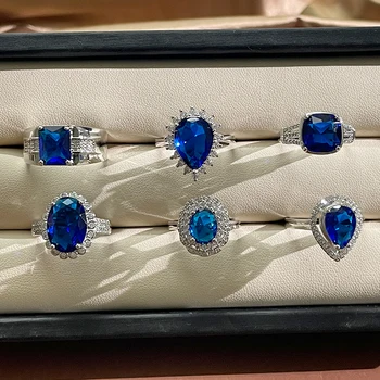 Cellacity Clássico da prata 925 esterlina, anel de prata para mulheres com safira azul gemas abrir ajustar o tamanho de prata jóias de presente