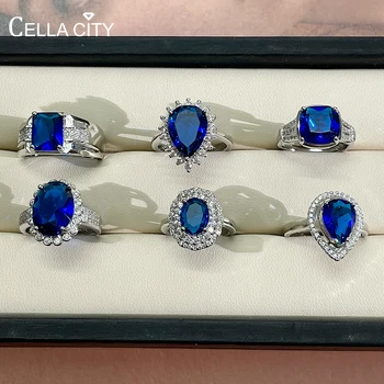 Cellacity Clássico da prata 925 esterlina, anel de prata para mulheres com safira azul gemas abrir ajustar o tamanho de prata jóias de presente