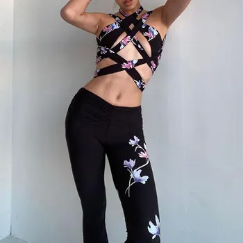 Streetwear Y2K estampa Floral Cami e Skinny, Legging de Conjuntos Sexy sem encosto de Verão das Mulheres Duas Peças do Conjunto de Treino Cuteandpsycho