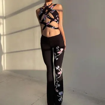 Streetwear Y2K estampa Floral Cami e Skinny, Legging de Conjuntos Sexy sem encosto de Verão das Mulheres Duas Peças do Conjunto de Treino Cuteandpsycho
