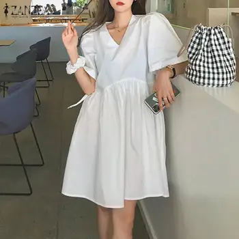 Mulheres Estilo coreano de Verão, o Decote em V Manga Curta Vestido de Festa 2021 ZANZEA Moda Sólido Solta na altura do Joelho Vestidos Manto Sundress