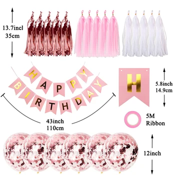 Feliz Aniversário Papel De Faixa Rosa De Ouro Borla Garland Confete Balões De Ar Adultos, As Crianças Menino Menina Decorações Do Partido 30 40 50