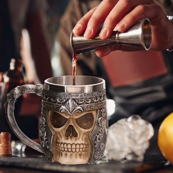 Crânio Criativo Chá Caneca De Aço Inoxidável Retro Viking Beber Xícara De Café, Copo De Chá De Halloween Pub Bar De Decoração