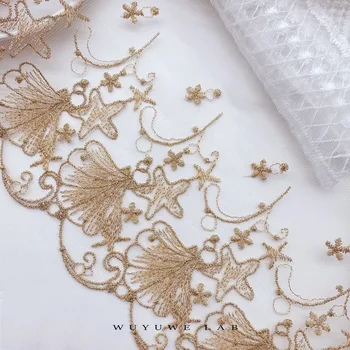 2yards de 15,5 cm de Largura Luxo de Ouro Escudo Bordado de Malha de Tecido de Renda Guarnições para Vestidos de Casamento de Costura, Artesanato Diy Material de Acessórios