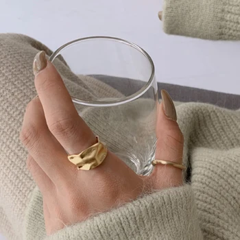 YAOLOGE Anéis de Metal Ampla Lado Dobras Irregulares Círculo de Anéis Para as Mulheres, o Indicador Instrução Vintage de Ouro, Jóias Atacado 2020