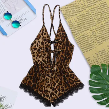 2020 pijamas Novos definir as Mulheres Plus Size Lingerie Sexy Arco Guarnição do Laço Leopard Romper Bodysuit Cueca #3