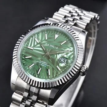 Chegada nova Parnis Green Dial Homens Relógios Miyota 8215 Calendário de Vidro da Safira Mecânico Automático Homens relógio de Pulso estilo Nórdico