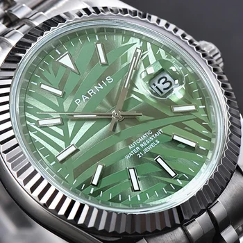 Chegada nova Parnis Green Dial Homens Relógios Miyota 8215 Calendário de Vidro da Safira Mecânico Automático Homens relógio de Pulso estilo Nórdico