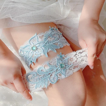 2021 Casamento Ligas Azul, Cristal De Rocha Branco Bordado Floral Sexy Ligas Para As Mulheres/Mulher/Noiva Coxa Anel Nupcial Perna Liga