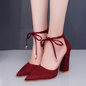 Mulheres pulseira de tornozelo bombas Feminino de duas peças casuais sapatos de salto alto Elegante de Senhoras rendas até sapatos de Mulher clássico pontiagudo dedo do pé partido 2020