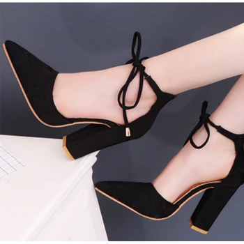 Mulheres pulseira de tornozelo bombas Feminino de duas peças casuais sapatos de salto alto Elegante de Senhoras rendas até sapatos de Mulher clássico pontiagudo dedo do pé partido 2020