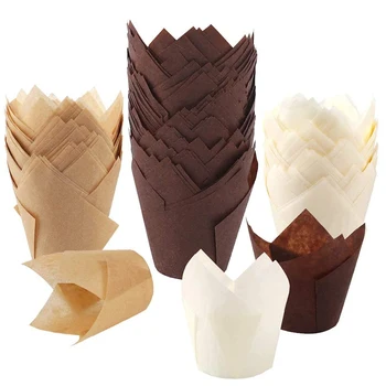 200Pcs Tulip Cupcake Baking Cups, Muffin de Cozimento Forros Titulares, Rústico Cupcake Wrapper, Marrom, Branco e Cor da Natureza