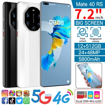 Mate40 RS 7.3 polegadas 12GB+512GB 5G DEIXAR de Celulares Smartphones Android MTK6889 10-Núcleo de 6000mAh 24+48MP Dual SIM do Telefone Móvel